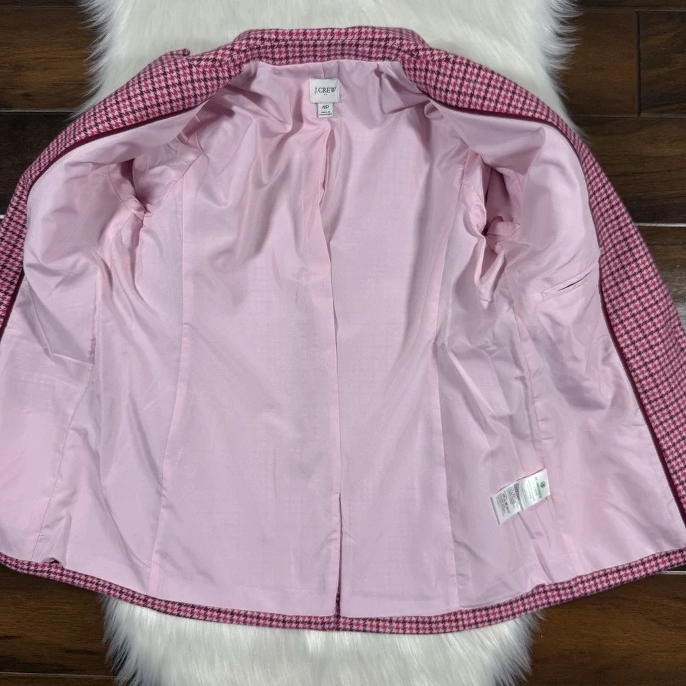 J.‎ Crew Women's Size 4 P Petite Pink Houndstooth Wool Blend Blazer Jacket BA809